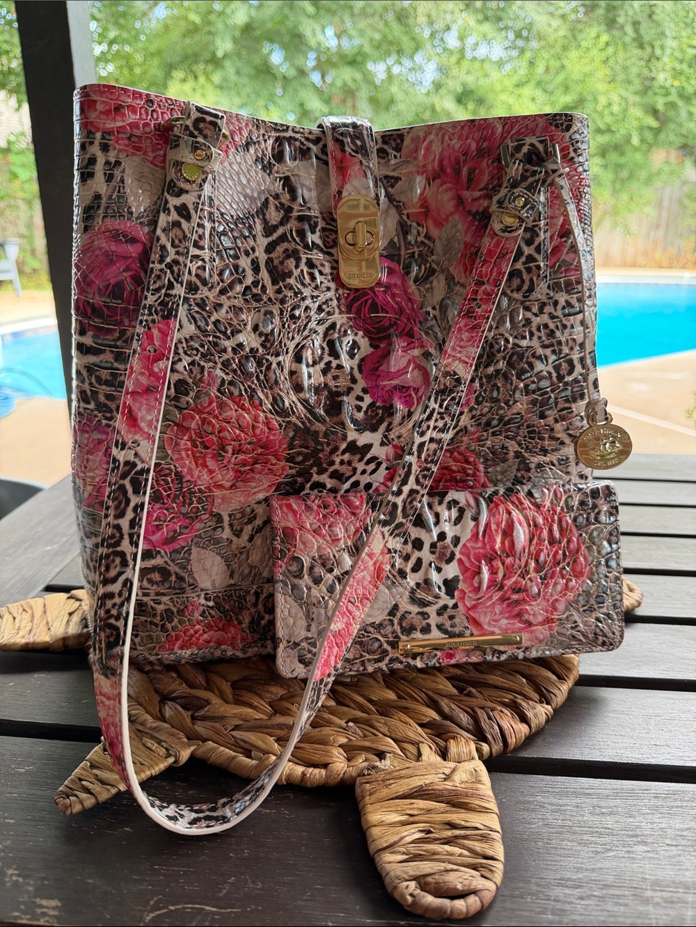 Brahmin Pink Floral Leopard-Print Leather Bucket Bag with matching wallet NWOT